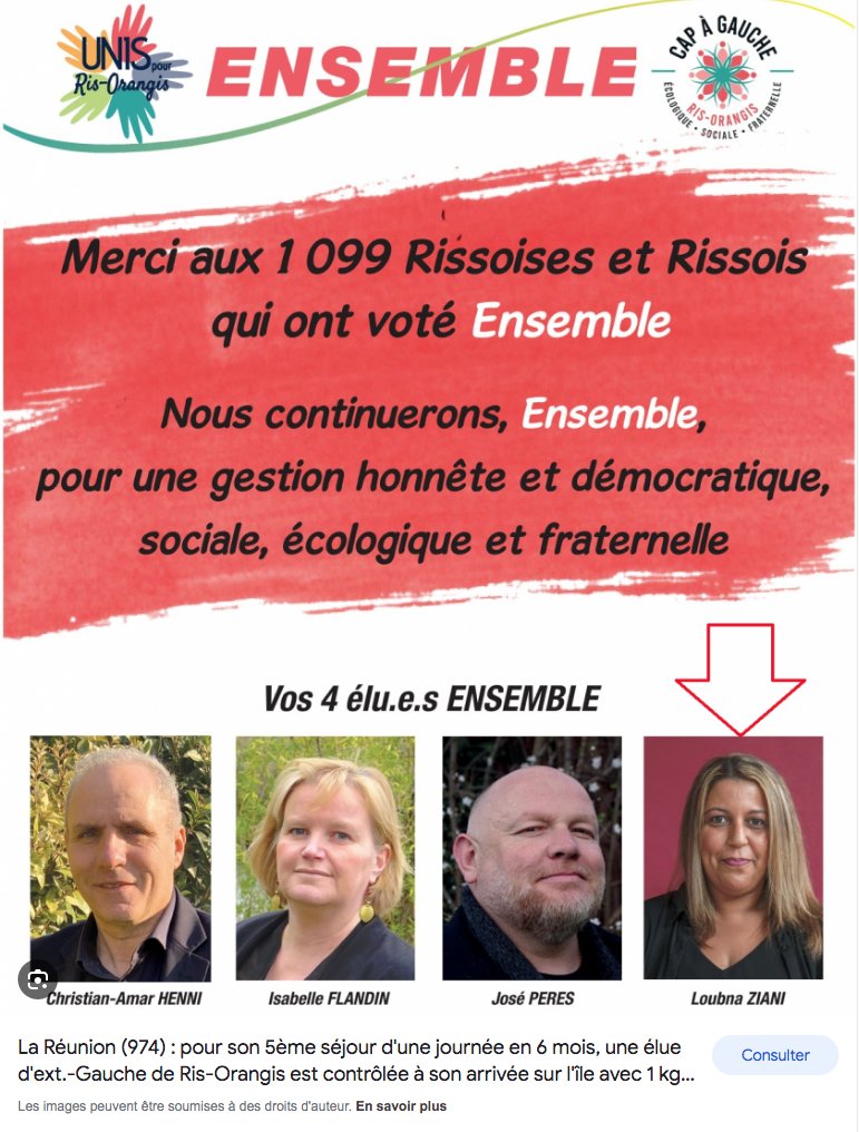 #Loubna_ZIANI : élue d'extrême-gauche de Ris Orangis.
Pour 1 'gestion HONNÊTE & ÉCOLOGIQUE' & 'mettre le cap à gauche'.

On l'a attrapée à gauche avec :
 - 10 kg de cannabis
 - 1 kg de cocaïne
 - du LSD...
Stupéfiant...

Comme dirait @JLMelenchon, @BilongoCarlos n'est pas seul...