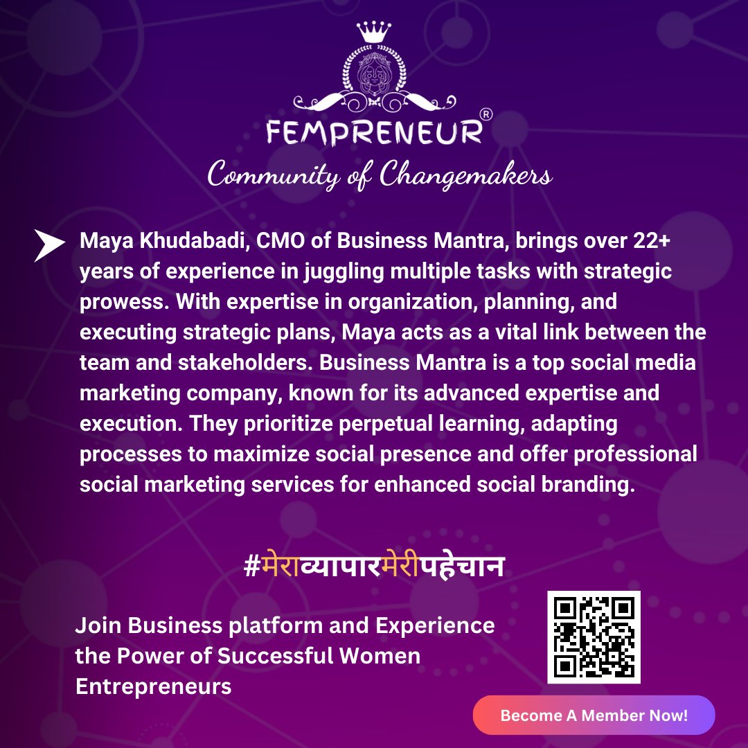 We are delighted to welcome our New Member Maya Khudabadi, Co-founder & CMO, @BusinessMantraM 
Become A Member Now: bit.ly/402MNbP

#fempreneurcommunity #community #1MillionMission #Networking #growing #growbusiness #entrepreneurs  #businessmantra