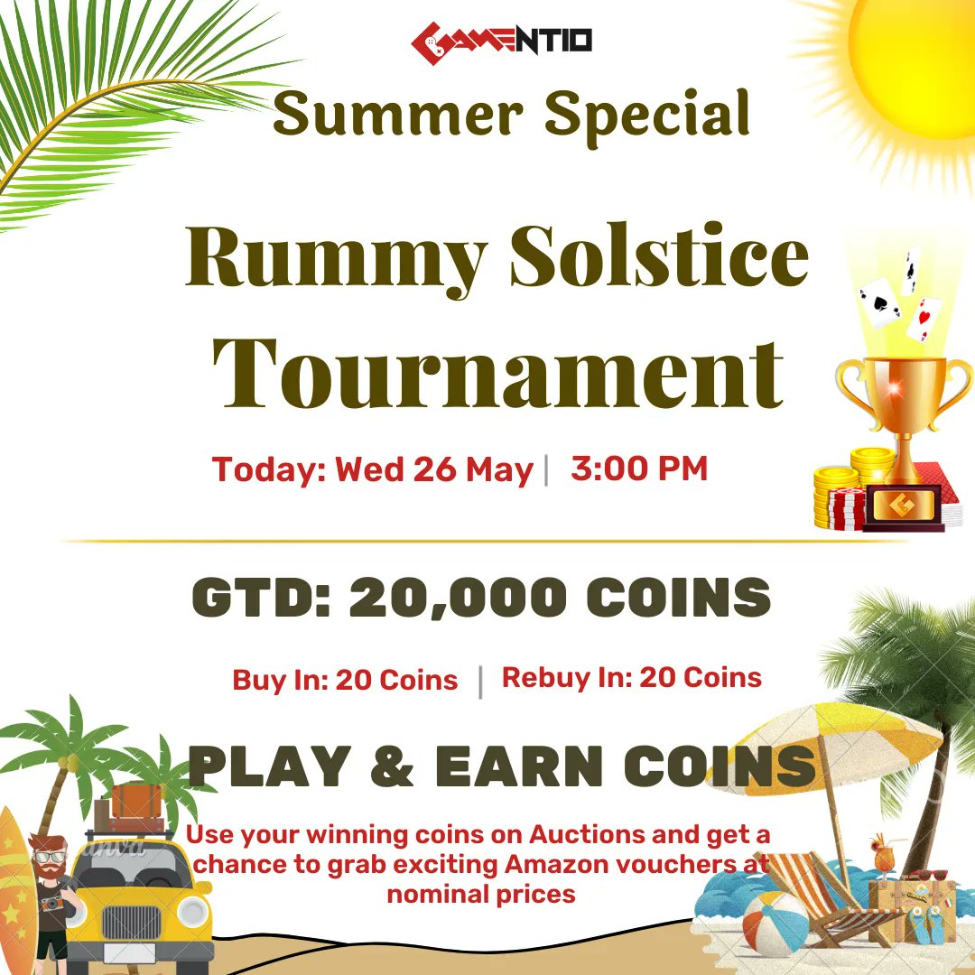 #Gamentio brings #Summer Special #rummyonline Coin Tournament today at 3.00 PM with a guaranteed prize pool of 20K coins.
Reserve your seat NOW! bit.ly/2JTJrn3

Note: Win these coins & start #bidding on Amazon Vouchers in #auctions.

#onlinecasino