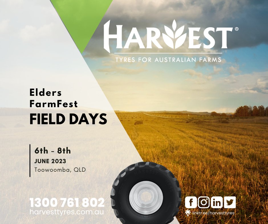 Will you be joining us at Elders Farm Fest in June? @HarvestTyres, @AscensoAus, @HaulmaxTyres  and Haulmax Wingman will be at FarmFest answering all your tyre questions. Say hello at site E26.

#EldersFarmFest2023 #FarmFestQLD #ACMRuralEvents #AustralianAgriculture #AussieFarmers