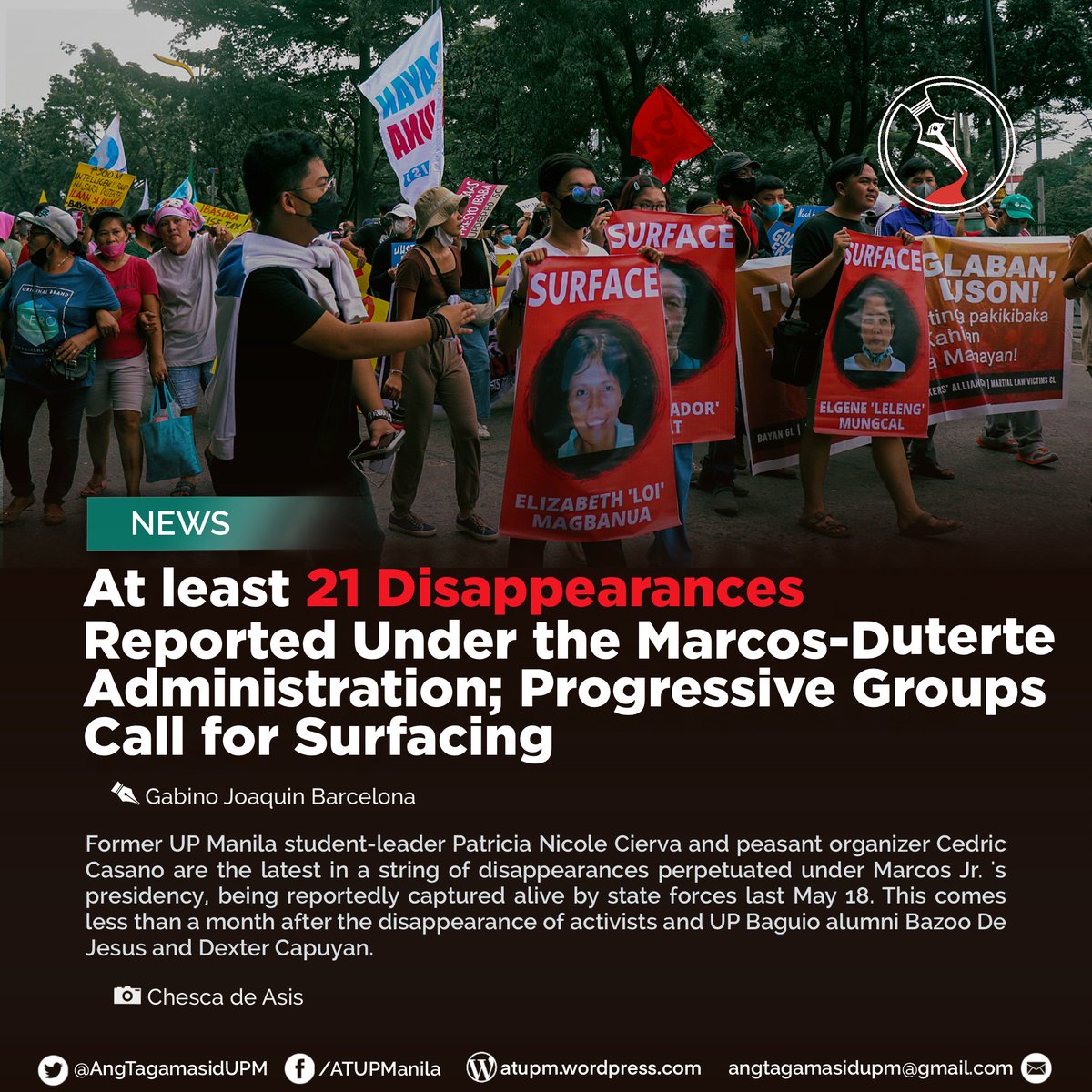 Former UP Manila student-leader Patricia Cierva and peasant organizer Cedric Casano are the latest in a string of disappearances under Marcos Jr.'s presidency, being reportedly abducted by state forces last May 18.  

READ: bit.ly/21Disappeared

#SurfaceCedrickAndPatricia
