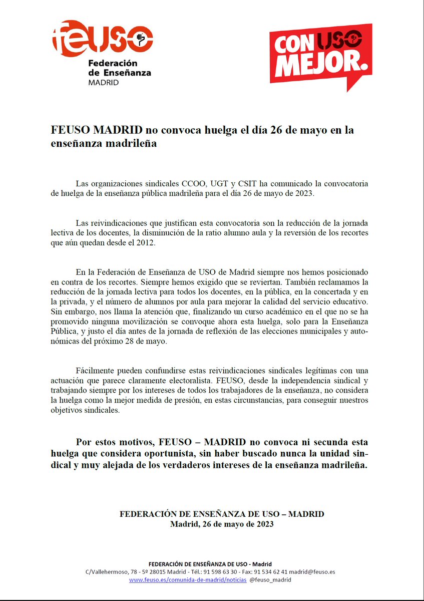 feuso_madrid's tweet photo. FEUSO MADRID no convoca huelga el día 26 de mayo en la enseñanza madrileña  @f_ense_uso @USOConfe @USOMadrid @AccionsindUSO https://t.co/nEH81sF4eM