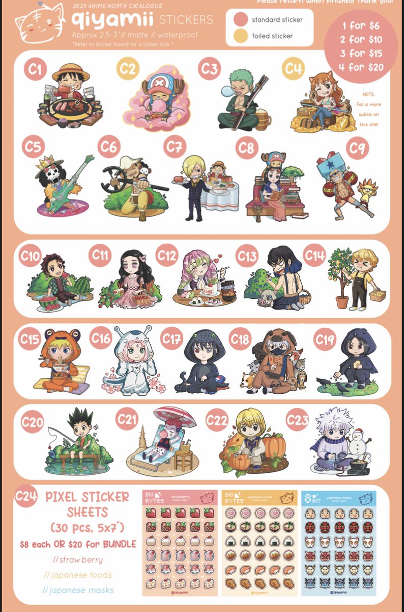 qiyamii's tweet photo. A little last minute post before i sleep since i forgot to post here lol here’s my catalogue for AN2023! I’ll be tabling with @fullmechajacket - come by for some cute stickers and sick prints ☺️ 
#animenorth #AnimeNorth2023 https://t.co/2wfI2svRiE