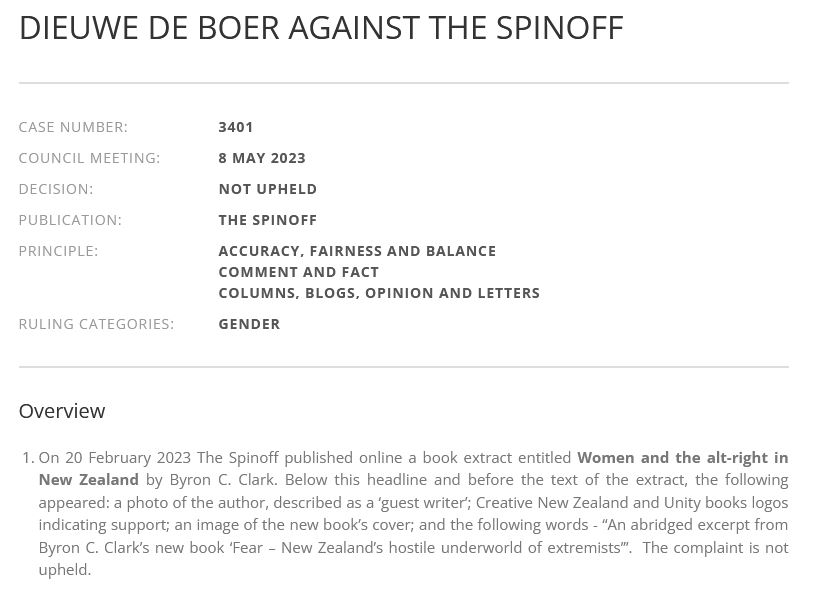 Some good news to end this week: far-right New Conservative Party board member Dieuwe De Boer's complaint to the Media Council about @TheSpinoffTV publishing an except from @byroncclark's book Fear about women and the alt-right has not been upheld. mediacouncil.org.nz/rulings/dieuwe…