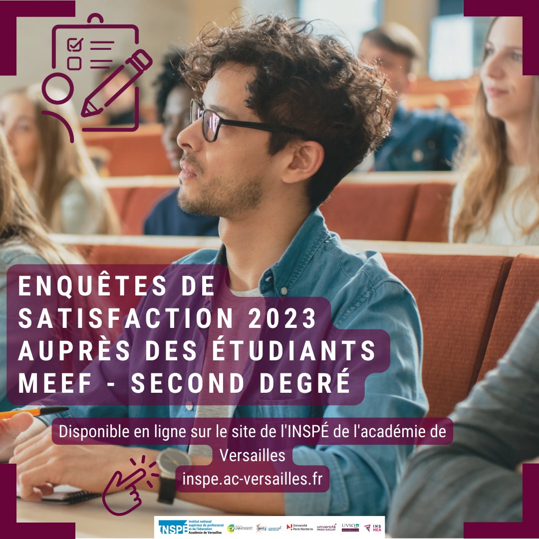 #Enquête
L’INSPÉ de l’académie de Versailles a mené une enquête auprès des étudiants en 1ere et 2è année MEEF 2nd degré. Réalisée dans les 5 universités, elle est une démarche active d’amélioration continue. 👉pulse.ly/colp3voqs4
@cy_univ
[<a href="/bu_cyu/">CY Bibliothèque universitaire</a>](null "null")