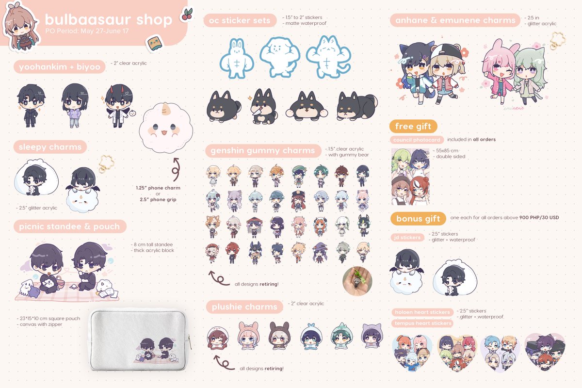 [RT❤️]

merch PO is now open for local and international!

i’ll also be doing a GA, just like + rt this for any 3 merch (any value!) PO will close june 20, 11:59 pm ph time ^^

🌐: bulbaasaur.company.site
🇵🇭: bulbaasaur.cococart.co