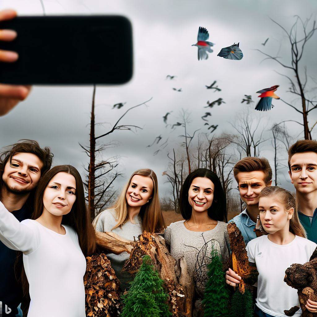 While biodiversity has decreased by 69%, use of the word ‘me’ has quadrupled. Finding images to help bring attention to such findings has always been difficult. New text to image AI can help. This one is slightly disturbing and amusing, but is quite striking…