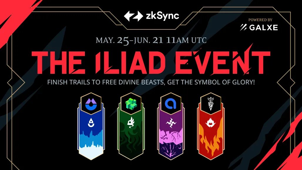 jiamigou's tweet photo. #zkSync  上的游戏化NFT：Iliad Event（伊利亚特-奥德赛），做完4个任务，可以mint一个NFT，有兴趣可以试试

✅ 成本：几十U，完事收回
✅ 时间：5/25 — 6/18
✅ WL：6/19
✅ 好处：有望获zkSync空投，还可获得四大主办方‘Izumi/Element/Star Protocol/KaratDAO’礼包

公告：https://t.co/FYz2z3Ci7t https://t.co/MB4BdnHXJs
