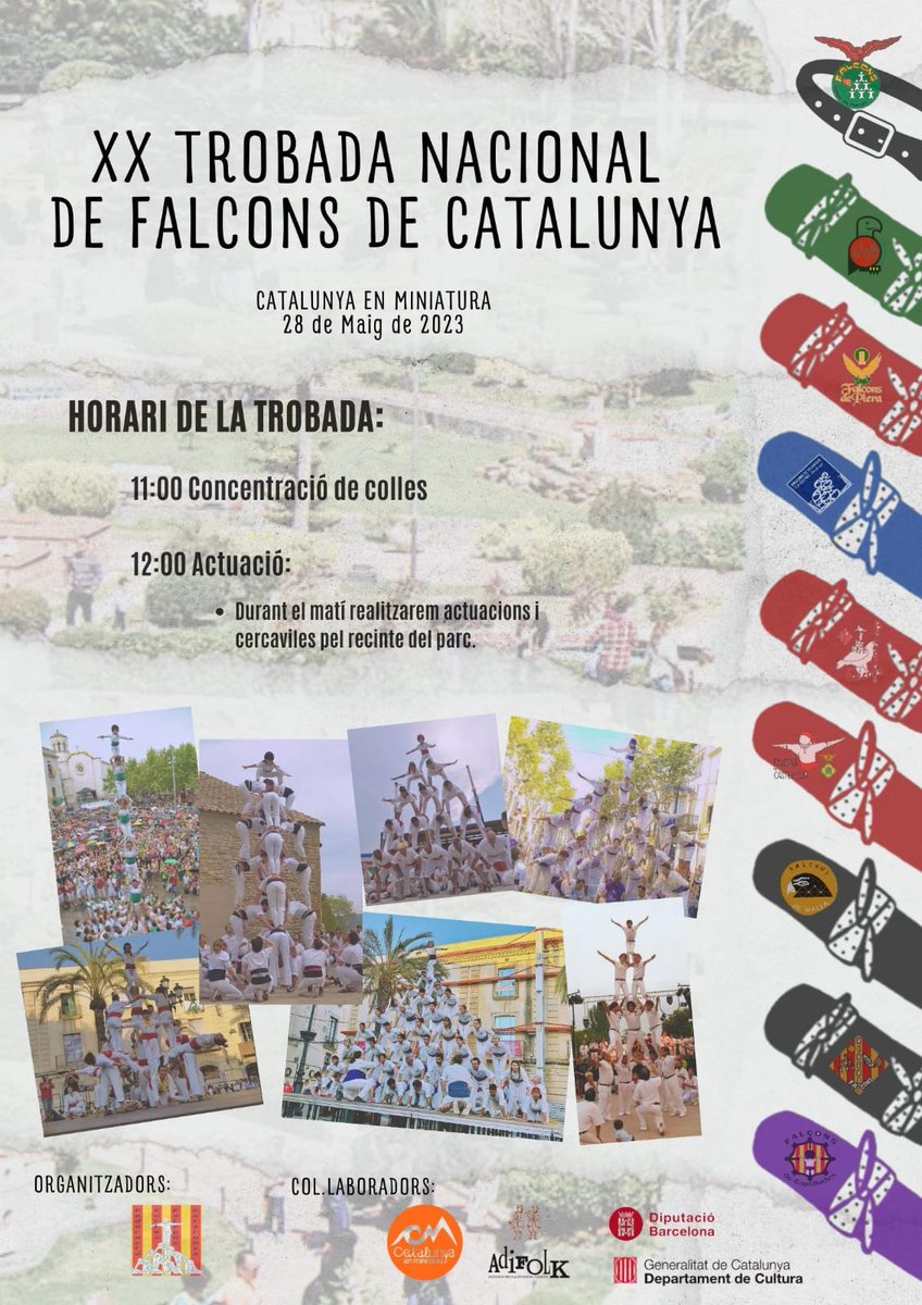 Aquest cap de setmana,DIUMENGE A LES 12 ,falcons de tota Catalunya a BARCELONA ,CATALUNYA EN MINIATURA, veniu a disfrutar de la XX trobada nacional de falcons !! Omplim de cultura catalana tot el circuit ,acompanyeu -nos aquest dia tan especial !! Amunt FALCONS!! 💪🔥