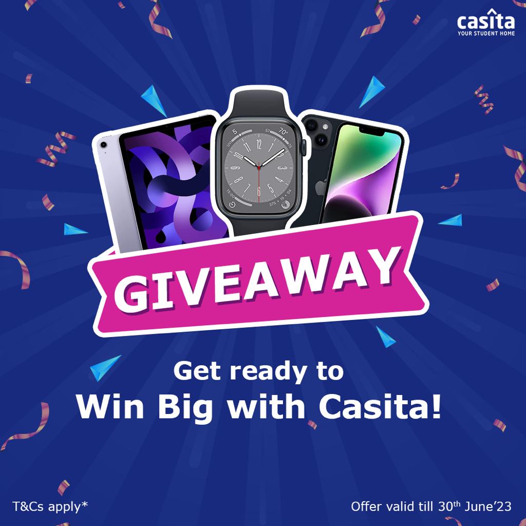 Contest Alert🚨Casita is giving away some incredible prizes! 🥳 

Follow the thread for more. 

#GiveAway #iPhone #iPad #iWatch #StudentHousing #ContestAlert