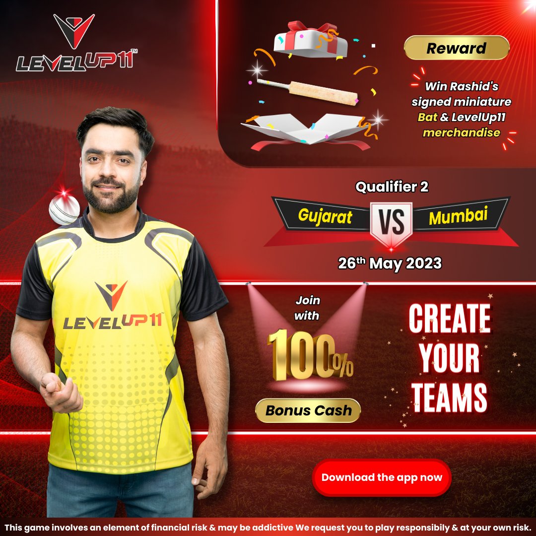 Make your team in #GUJvsMUM and join the Mega Contest Win @rashidkhan_19  Miniature Bat & LevelUp11 Merchandise!

Only on levelup11.com
USE 100% Bonus,
26st May 2023, 7:30 PM.

#rashidkhan #levelup11 #levelup11download #fantasysports #Cricket #PlayFantasyCricket