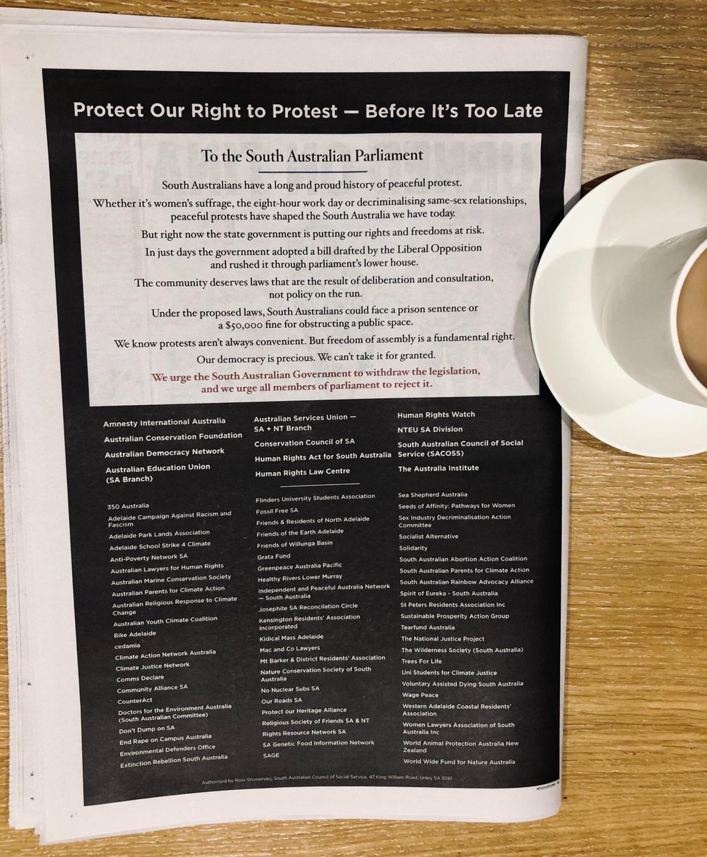 We're proud to be one of 80 signatories to the open letter in today's @theTiser. SA's record of progress arising from the work of the labour, environmental, and civil society movements is an enviable one - & peaceful protest has often been vital in achieving this. #ProtectProtest