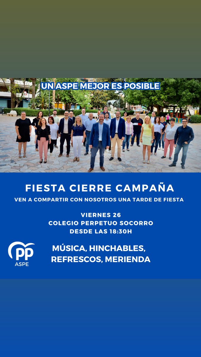 🔵 FIESTA CIERRE DE CAMPAÑA 🔵

Os invitamos a todos esta tarde a una tarde convivencia.

Ven y celebra con nosotros. 💃🏻

MÚSICA - HINCHABLES - REFRESCOS - MERIENDA

#TeEsperamos 💙