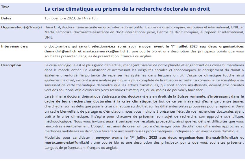Evelyne Schmid @evelyneschmid.bsky.social (@schmidevelyne) on Twitter photo La crise climatique au prisme de la recherche doctorale en droit. @DrifHana et <a href="/MartaZamorska/">Marta Zamorska</a> organisent un colloque doctoral <a href="/CusoDroit/">CUSO_droit</a> <a href="/FDCA_UNIL/">FDCA UNIL (inactif)</a>. Six doctorant·e·s seront sélectionné.e.s. Délai : 1er juillet 2023 (français ou anglais).
droit.cuso.ch/?id=3370&tx_di… La crise climatique au prisme de la recherche doctorale en droit. @DrifHana et <a href="/MartaZamorska/">Marta Zamorska</a> organisent un colloque doctoral <a href="/CusoDroit/">CUSO_droit</a> <a href="/FDCA_UNIL/">FDCA UNIL (inactif)</a>. Six doctorant·e·s seront sélectionné.e.s. Délai : 1er juillet 2023 (français ou anglais).
droit.cuso.ch/?id=3370&tx_di…