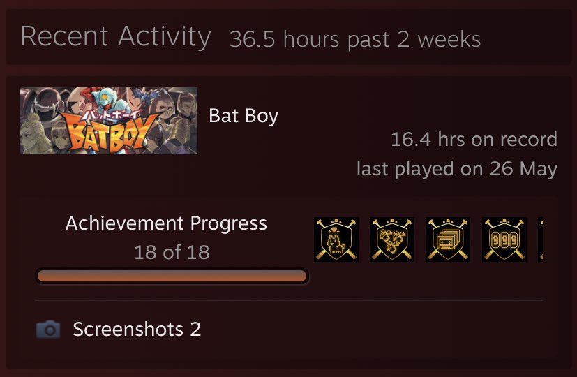 100% Achievement !!! 

Been playing Bat Boy for the past 2 days, Thank you very much @XPlusGames and @SonzaiGames for providing us with a review copy for this game. 

Video ulasan akan segera dikerjakan untuk channel @ReArchivu !!! 

Played by @Dekkuden_ch