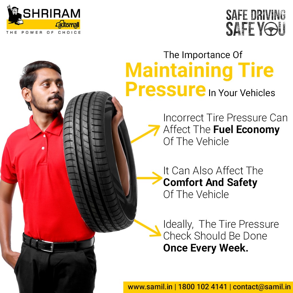 ShriramAutomall's tweet photo. Tire pressure is the most important factor of tire up-keep and thus it should ideally be checked once a week. Incorrect tire pressure affects fuel efficiency, ride comfort and safety.

#SafeDriving #SafeYou #UsedVehicles #UsedEquipment #PhysicalAuction #Samil #ShriramAutomall https://t.co/G8jqZo7HRe