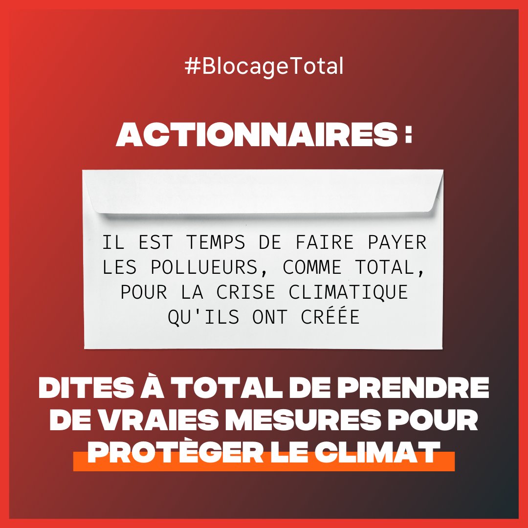 Actionnaires, agissez :

@CreditAgricole @AXAFrance @Amundi_FR @BNPParibas : vous vous réunissez aujourd’hui pour célébrer des profits records à l’#AG2023 de @TotalEnergies

🔥 Mettrez-vous les gens et la planète avant l’argent ? 🔥

#BlocageTotal #StopEACOP #DefundTotalEnergies