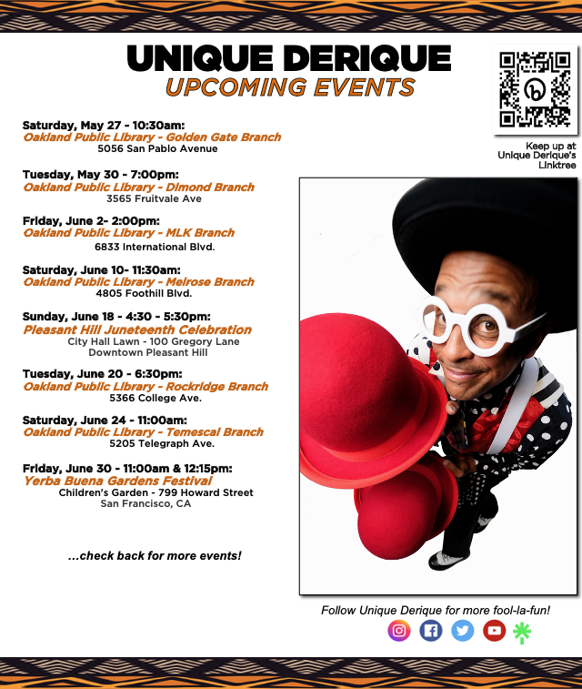 uniquederique's tweet photo. It's almost summer, so join @uniquederique at multiple @oaklibrary branches coming throughout May & June! Coming up: #GoldenGate Branch Library this SAT 5/27 @ 10:30am!
More details at: https://t.co/WTd35GVR3y
More #UniqueDerique #OaklandLibrary shows at: https://t.co/eoVLWOOI4z https://t.co/QyVg8bPrm7