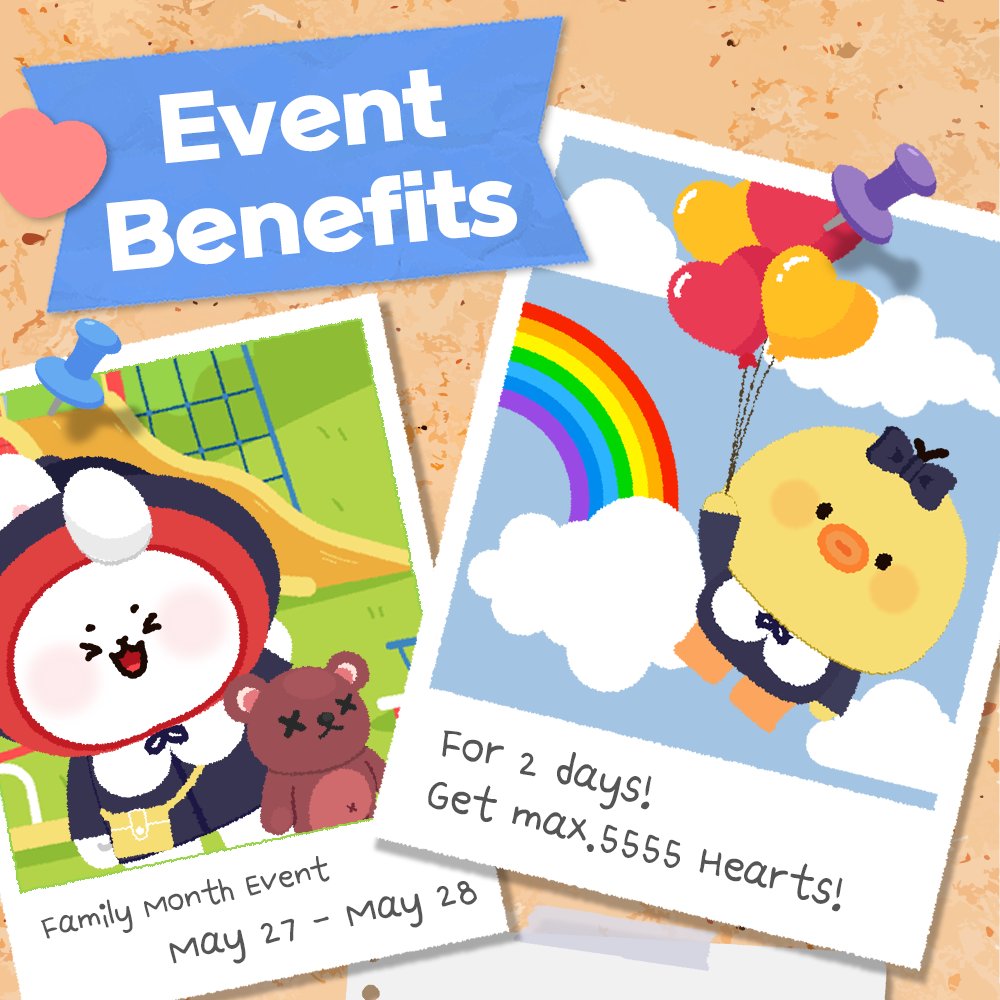 kpopidol_en's tweet photo. Family Month Event👨‍👩‍👧‍👦

♟️ 300 Attendance Hearts
🎁 Max. 5555 Hearts from Heart Box 
💕 Heart 1+1 Promotion (Daily+Ever)
⛽ Double Hearts on Offerwall
📺 55 Hearts on Video Ad

📅May 27-28

Please refer to [Events] for details

💖Go and get Hearts
📲https://t.co/0alud16rwh https://t.co/T1ihoTh12u