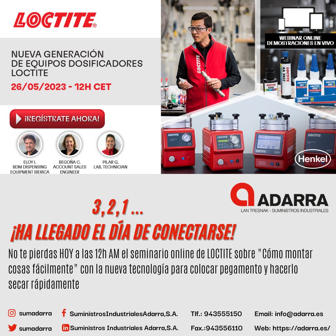 adrtaldea's tweet photo. Ha llegado el día del seminario online de @loctite ¡Os esperamos hoy a las 12h am! 

Iritsi da @loctite -ren online mintegiraren eguna. Zure zain egongo gara gaur 12h-etan!

#adarra #suministrosadarra #suministrosindustriales #loctite #webinar #dosificadores https://t.co/xAW4Kgk6vj