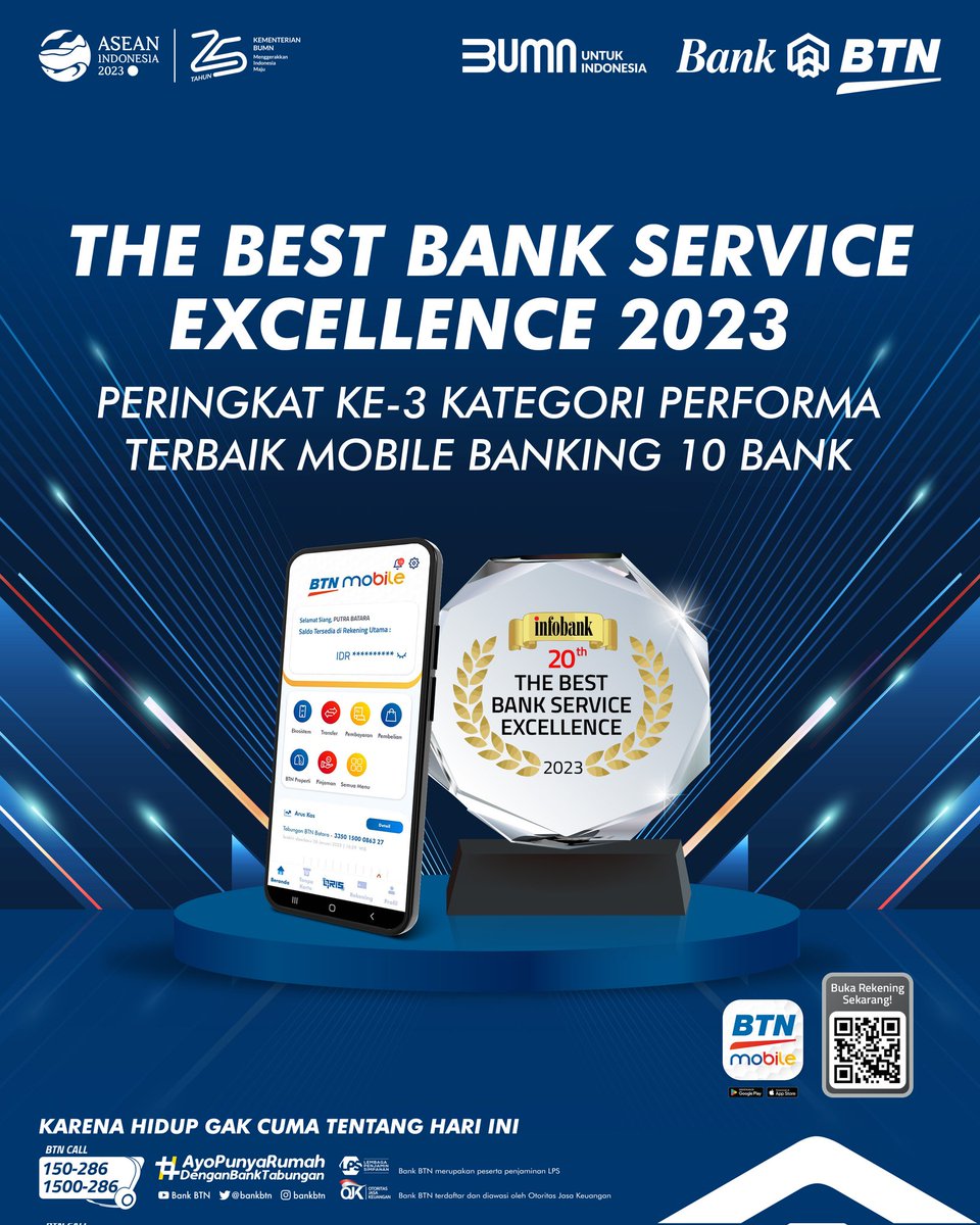 bankbtn's tweet photo. Sahabat BTN, 

Bank BTN berhasil mendapat penghargaan sebagai The Best Bank Service Excellence 2023 peringkat ke-3 untuk kategori Performa Terbaik Mobile Banking dari 10 Bank. https://t.co/aAnIHguVdH