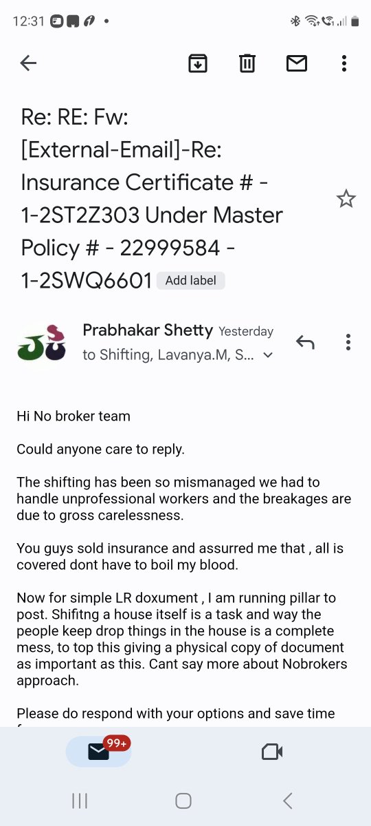MrPShetty's tweet photo. Please avoid moverd and packers services from @nobrokercom and the @iffcotokio insurance topup. Chaotic, abrupt, non responsive and process with zero thought into it #PackersandMovers https://t.co/D3fCqC1lAH