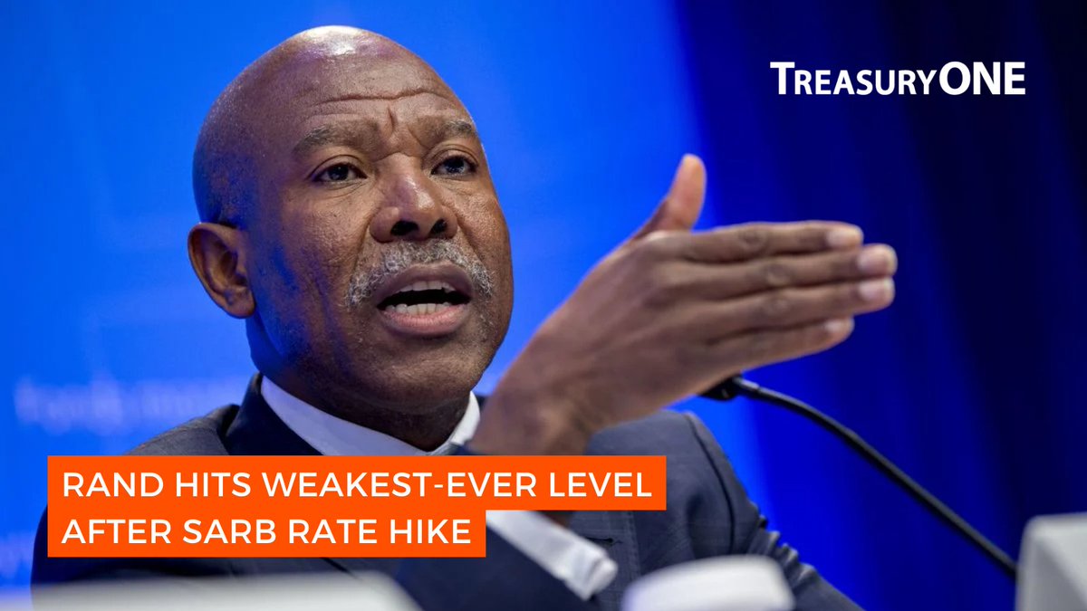 The Rand weakened to its worst level ever at just above R19.83 shortly after the Reserve Bank announced a 50bps rate hike yesterday. SARB’s view on the country’s economic and political outlook was extremely negative. treasuryone.co.za/rand-hits-weak…

#SARB #InterestRate #SouthAfrica