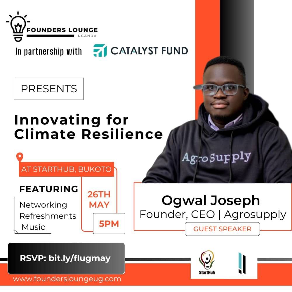 📣Happening Today!📣

 Join the Founders Lounge May Meetup today at Starthub Bukoto.

Hear from @otimgerald of Ensibuuko & @OgwalJos of AgroSupply on Climatetech and inclusive banking , moderated by Kaivan Sattar of ASAAK & @FrancKamugyisha of Ecoplastile respectively

⏰5PM