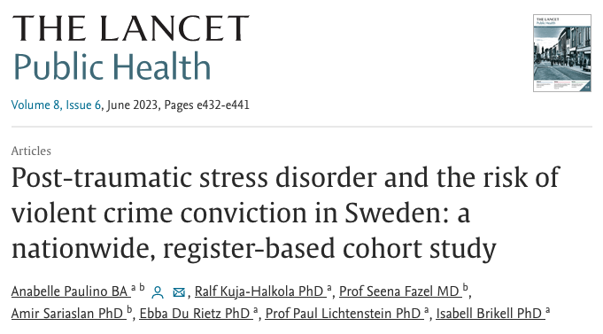 In our latest paper, we found that individuals with PTSD in Sweden were 3 times as likely as their siblings without PTSD to be convicted of a violent crime. The work was led by my <a href="/karolinskainst/">Karolinska Institutet</a> colleague <a href="/IsabellBrikell/">Isabell Brikell</a>, <a href="/RalfKH/">Ralf Kuja-Halkola</a> and their student Anabelle Paulino.