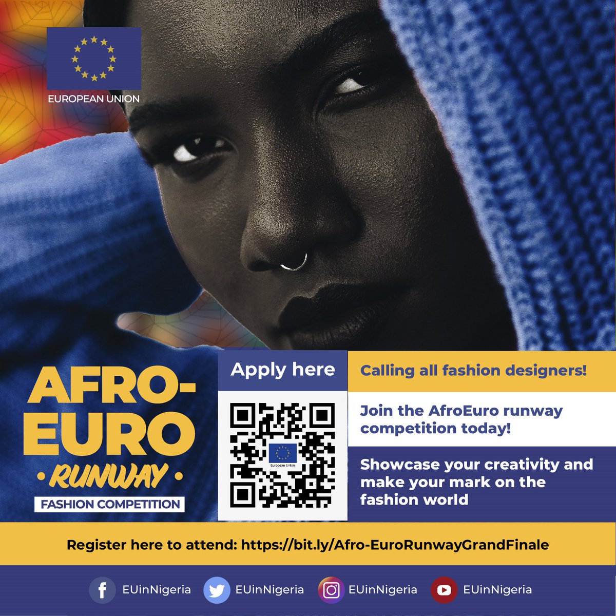 Tell a fashion designer that you know to apply for the Afro-Euro Runway Competition! Share the link with them: bit.ly/Afro-EuroRunwa…
#EUinNigeria #FashionDesigners #Competition #ApplyNow #FashionCompetition #FashionDesignersinNigeria