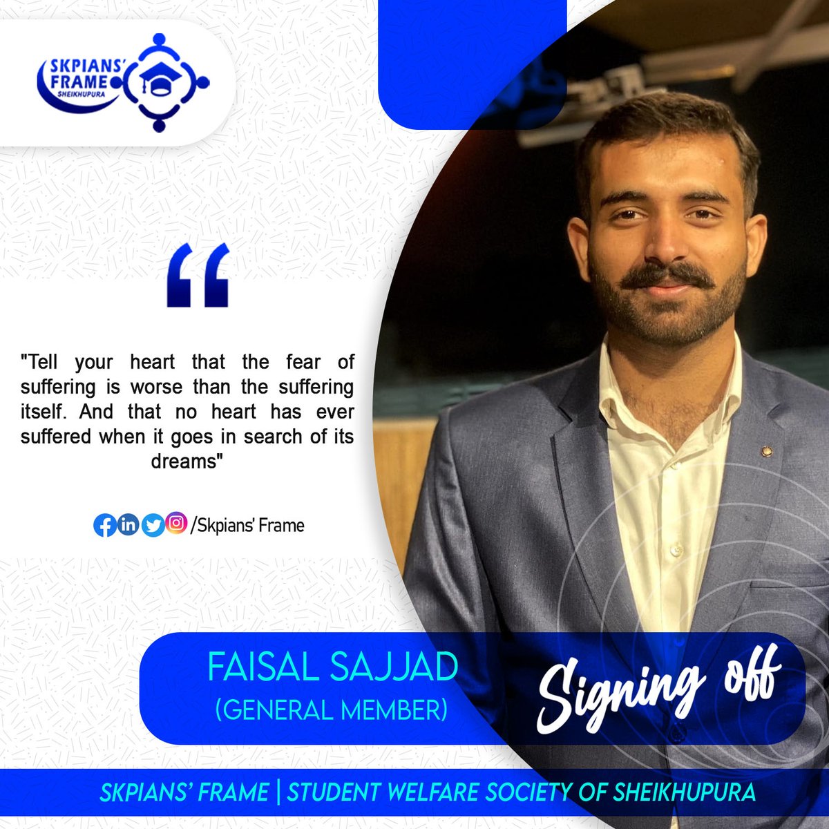 SkpiansFrame's tweet photo. Every new beginning comes from some other beginningβs end.β
Skpians Frame bids a farewell to the Faisal Sajjad From AMC who remains the part of this Society for a few previous year's. He worked best in his domain to get best out of his team.
#SKPIANSFRAME
#Sheikhupura https://t.co/zFOZVGM3MV