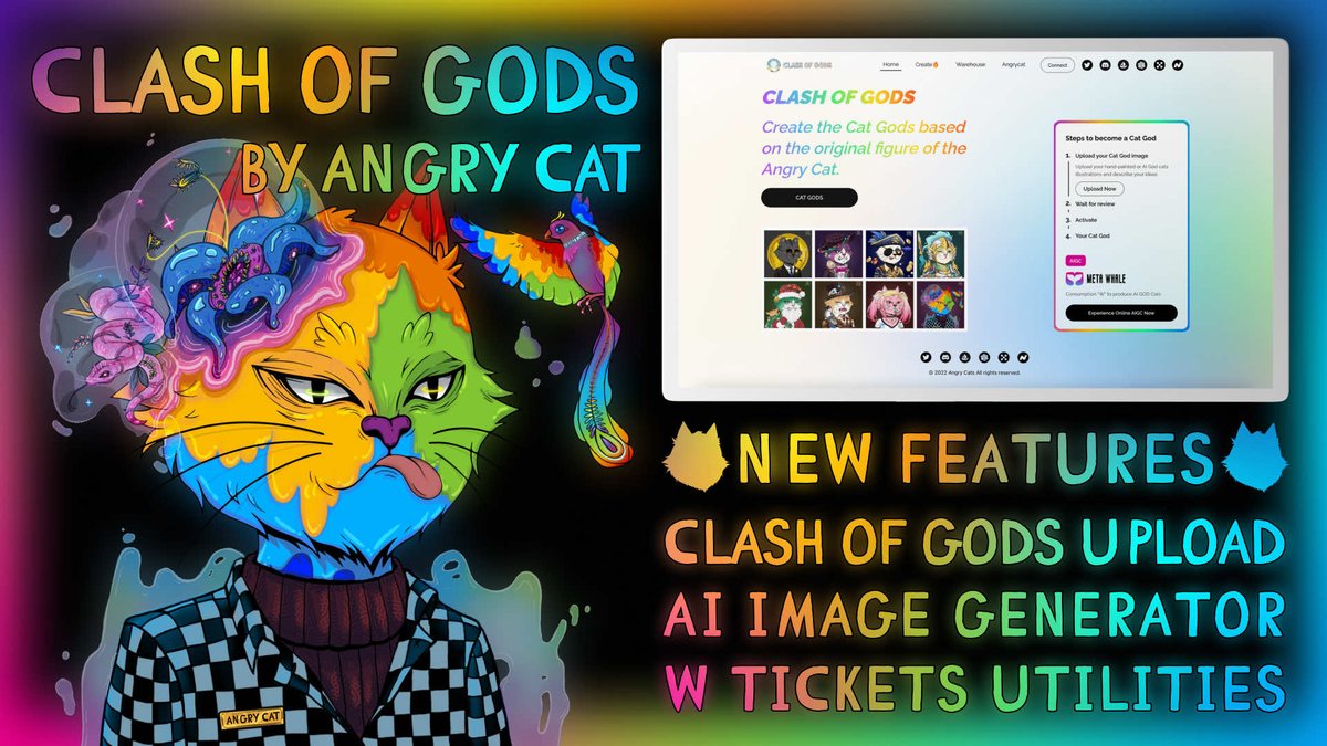 😼 Angry Cat - Clash of Gods is live! 

Check out new features:
Clash of Gods upload, official AI image generator, and more W Tickets utilities

🔗Link: god.angrycat.io
 #angrycat #clashofgods #AIGC