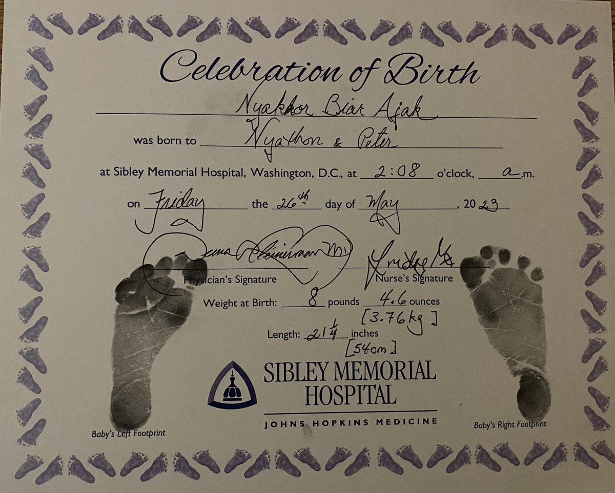 It’s with great joy that I announce that at 2:08 am EST on Friday, May 26, 2023, God Almighty blessed Nyathon and I with the newest member of our family: Nyakhor Biar Ajak. She’s named after her great-grandmother, Leah Nyakhor- mother of Gen. James Hoth Mai. Baby &amp; mom are great.