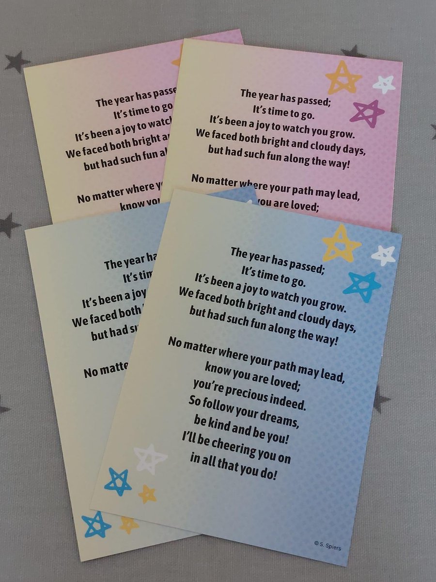 SSpiersAuthor's tweet photo. Looking for an end of term token for your class?
These A6 postcards have an end of year poem on one side and a space to write your own message on the back.
They are priced at 20p each or a set of 30 for £5.
To order, please email shelleyspiersauthor@gmail.com
#edutwitter https://t.co/D1v0COeg6i