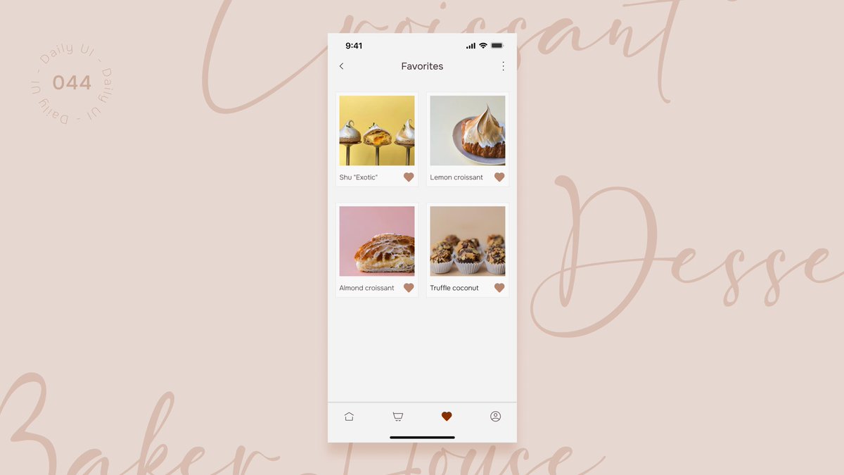Day 44 for #DailyUI 
Favourites for bakery is ready.
Made in #figma

#day44 #uidesign #uxui #MobileApp #uidesigner #design #favorite #KeepGoing #Practice #Bakery