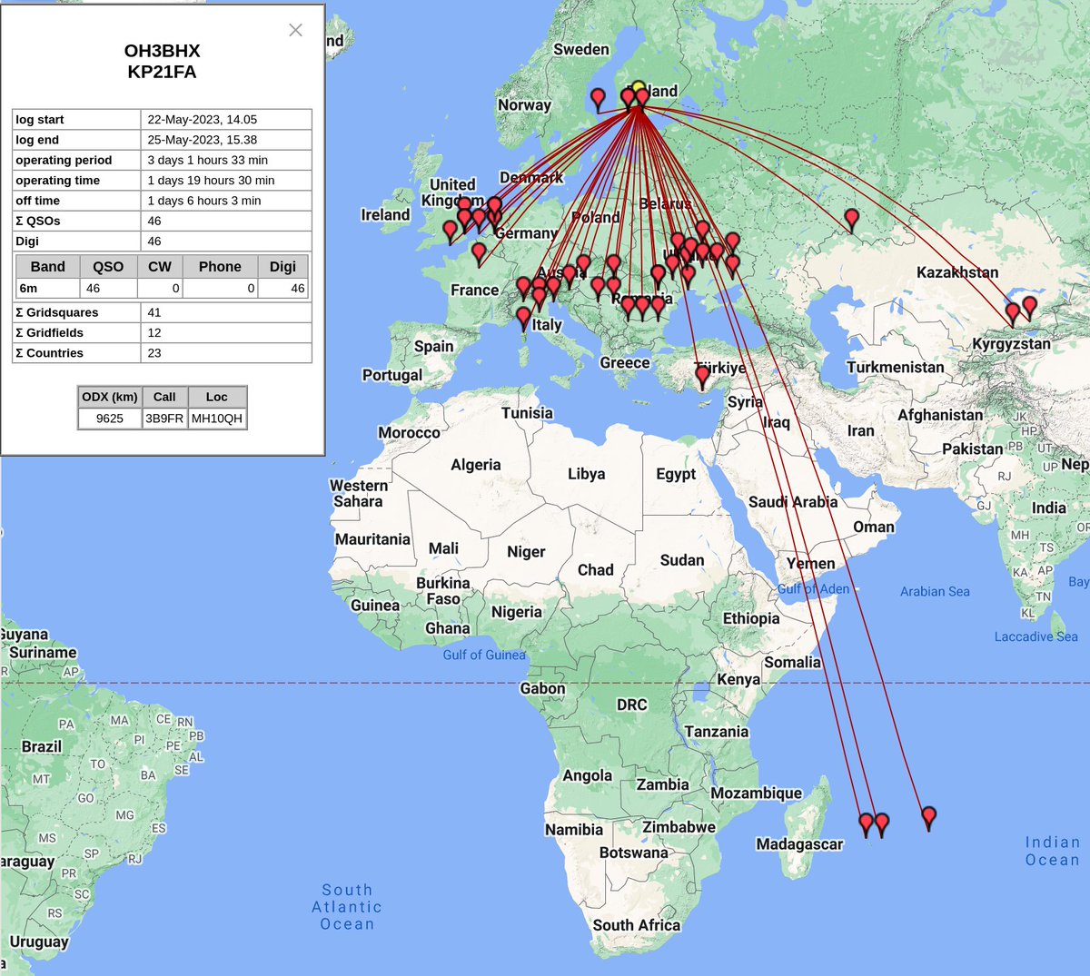 mikaelnou's tweet image. 6m band propagation is peaking again! Not very often can one work stations like 3B8FA (Mauritius), 3B9FR (Rodriguez Island) and FR4UB (Reunion) from 🇫🇮. All with a compact #DK7ZB tri-band yagi with only 2 elements for 6m!

#hamradio #hamr #amateurradio #50MHz #6m #sporadicE #FT8