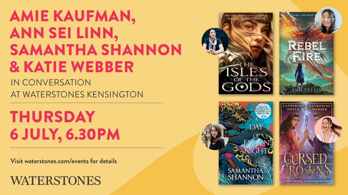 We are delighted to announce our event with <a href="/AmieKaufman/">Amie Kaufman News + Updates</a> on the 6th July! She'll be in conversation with <a href="/AnnSeiLin1/">Ann Sei Lin ~ REBEL DAWN 🌅 ~</a> and <a href="/say_shannon/">Samantha Shannon (Updates Only)</a> with <a href="/kwebberwrites/">Katherine Webber Tsang</a> chairing. This promises to be a fascinating evening and we can't wait - tickets available here: waterstones.com/events/in-conv…