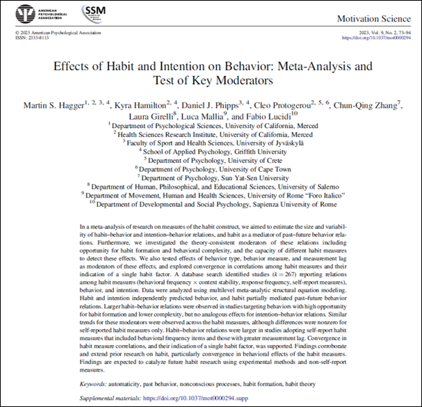 Finally, seven years in the making, we bring you a meta-analysis of the habit construct testing effects on behavior and key moderators of those effects <a href="/DrKyraHamilton/">Kyra Hamilton</a> <a href="/danjphipps/">Daniel Phipps</a> <a href="/ChunqingZhang/">CQ Zhang</a> <a href="/The_SSM/">Society for the Science of Motivation</a> <a href="/SBMTheory/">SBM Theory</a> doi.org/10.1037/mot000… preprint here: researchgate.net/publication/37…