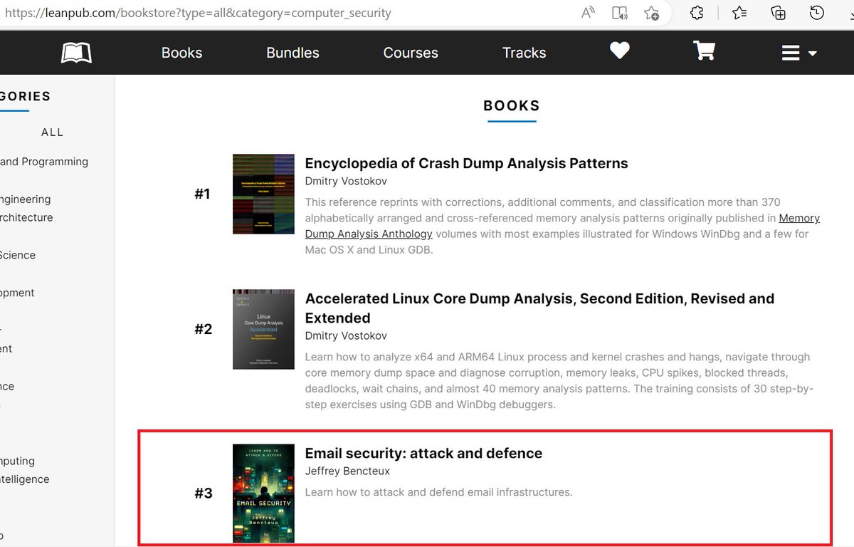 jeffbencteux's tweet photo. Thanks for the love guys! The book is now ranked #3 bestseller of the week in @leanpub's "computer security" section!

#pentest #emailsecurity #emailsec #infosec https://t.co/xum5X2LgQq