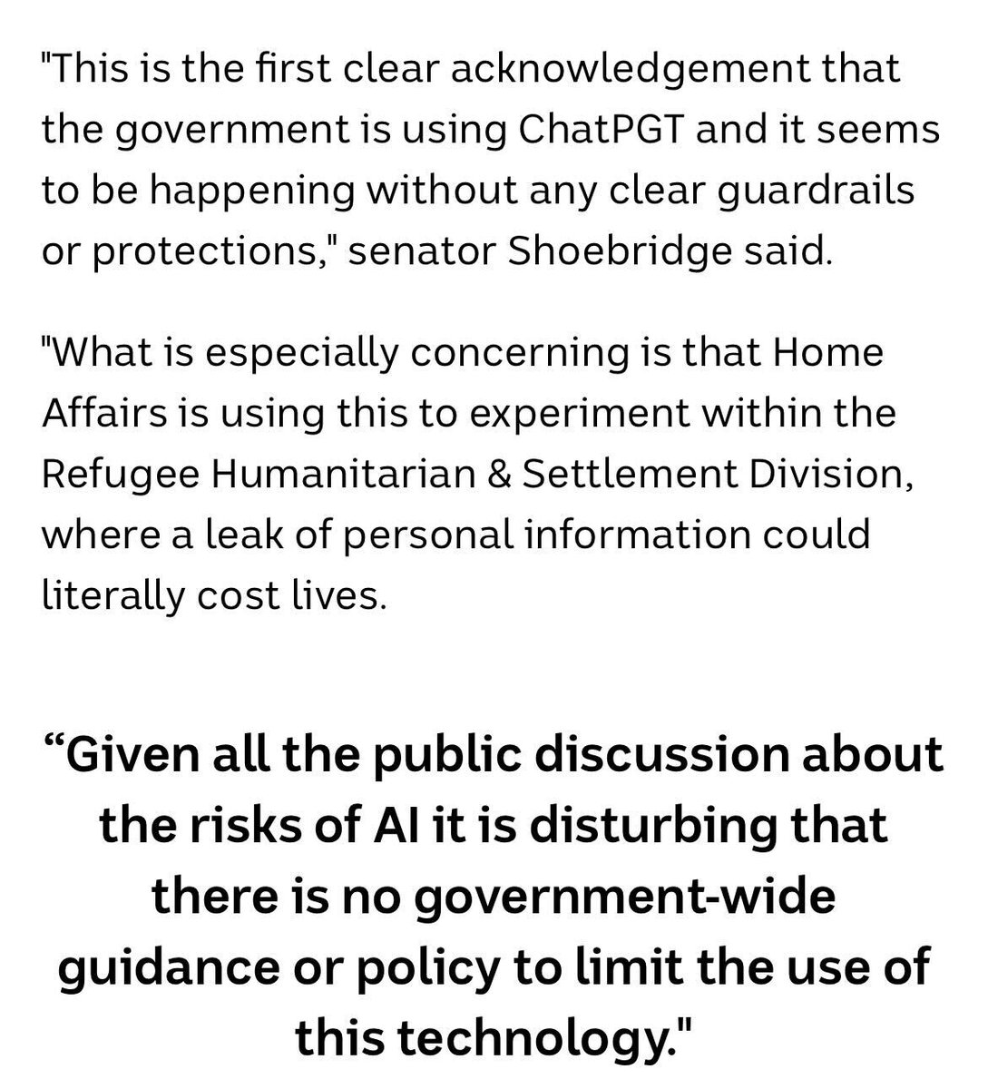 DISTURBING: The Home Affairs dept is experimenting with using ChatGPT AI in several of its divisions, including its refugee, humanitarian and settlement team, & in cyber security 🤯 My comments to @jcobevans