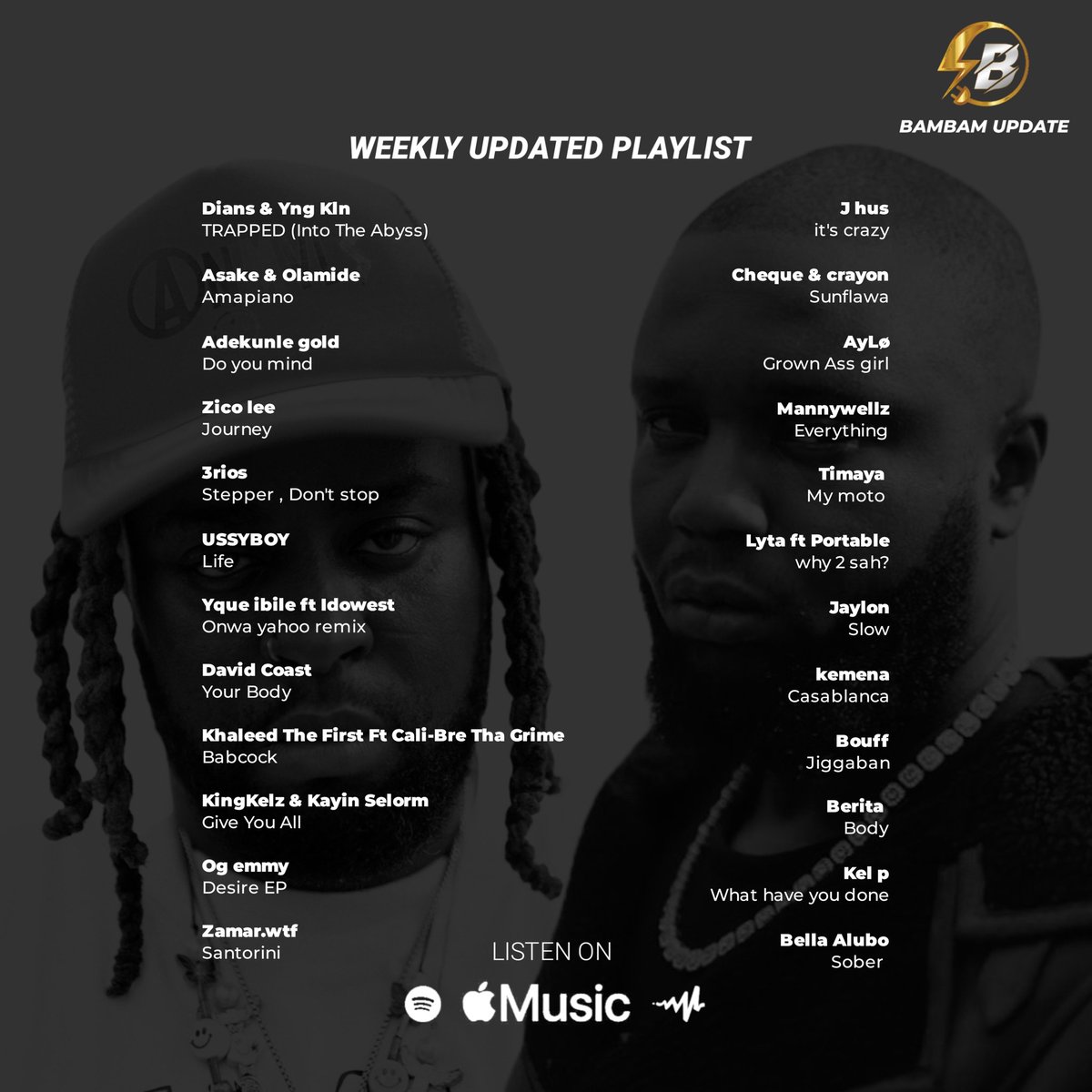 New music Friday
Dians &amp; Yng Kln - TRAPPED (Into The Abyss)
Asake &amp; Olamide - Amapiano
Adekunle gold - Do you mind
Zico lee - Journey
3rios - Stepper , Don't stop
USSYBOY - Life 
Cover art : @dians_tweet &amp; <a href="/fukktheclubup/">YNG KLN</a>
Music link: musics.to/Bambamtopdrops…