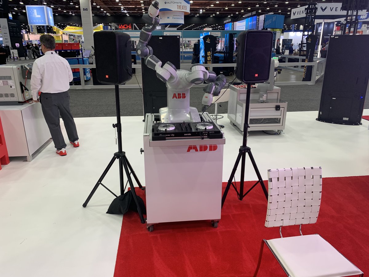 ABBRobotics's tweet photo. Here’s a flavor of our week at #automateshow. We had coffee and tunes from #YuMi, a maze programming challenge with #GoFa, and special guest #LEGO Masters builder Jessica Ewud (@ragzyart) with a supersized version of our #SWIFTI #cobot. Thanks to everyone who visited our booth https://t.co/U1mSXiuOzL