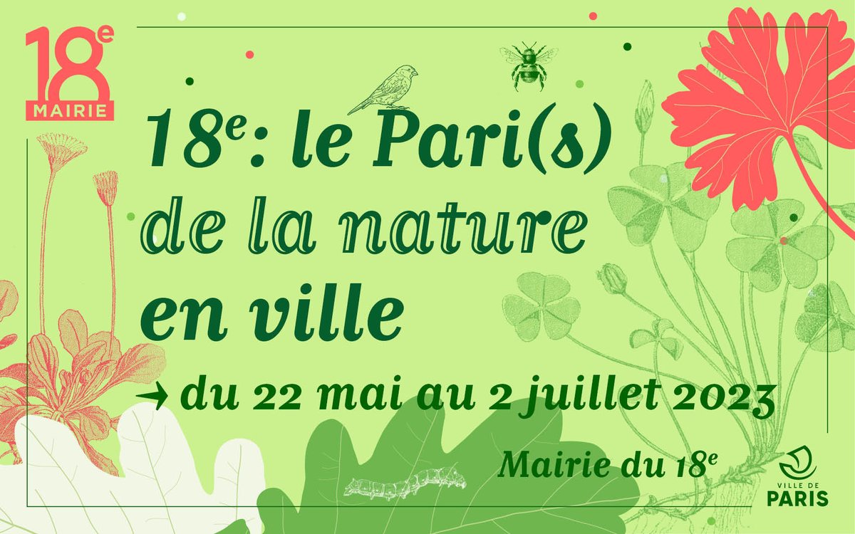 Il reste des places pour les animations et ateliers des 2 et 3 juin du Festival "18e : Le Pari(s) de la nature en ville". La cuisine raisonnée, la chanson française ou l'art du Qi gong, il y en a pour tous les goûts !
N’hésitez pas à vous inscrire ici 👇
mairie18.paris.fr/pages/festival…