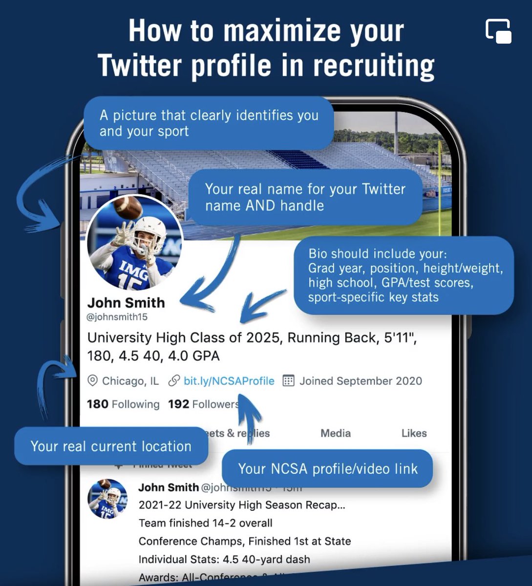 CoachMikeHayde's tweet photo. Upgrade Your Twitter Profiles To Help Your Recruitment 🔽 👀 #HaydeRecruiting101 #NextLevel2023 https://t.co/8zCiro2cgZ