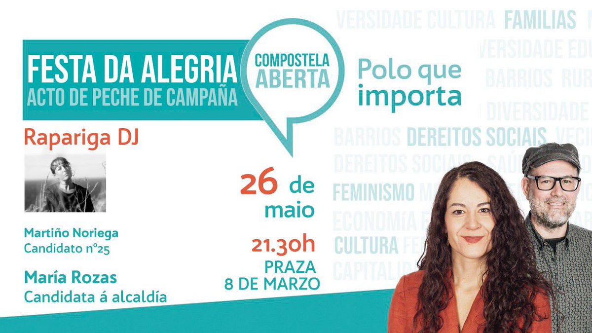 PodemosCompos's tweet photo. Hoxe pechamos a campaña na praza do 8 de marzo ás 21.30h coa festa da alegría porque se non podemos bailar non é a nosa Compostela.
#PoloQueImporta https://t.co/6KVU8m7zBc