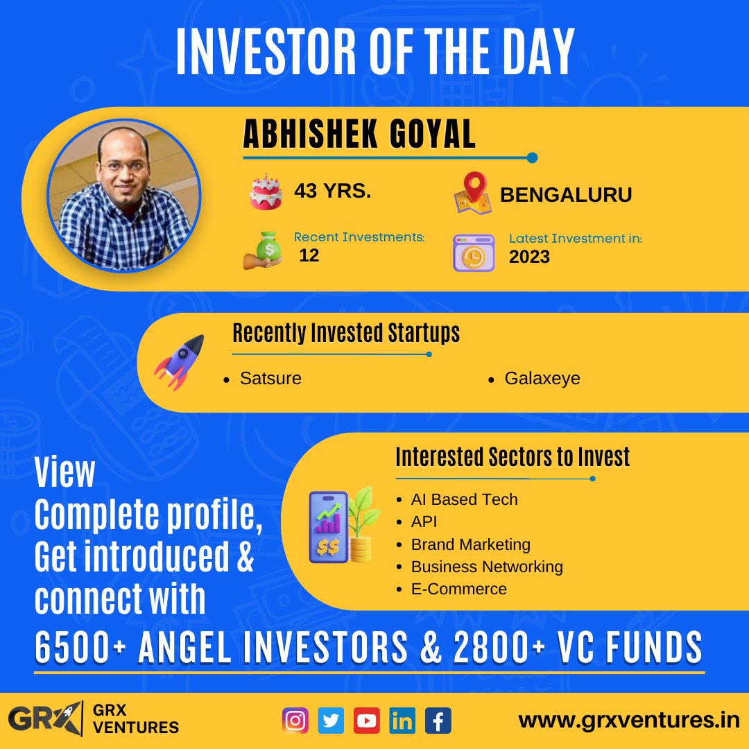 🌟 Spotlight on Abhishek Goyal, the investor of the day! 🎉 Based in Bengaluru, he's actively investing in AI tech, APIs, brand marketing, business networking, and e-commerce. Don't miss the chance to connect with him and explore his investment profile. #InvestorSpotlight