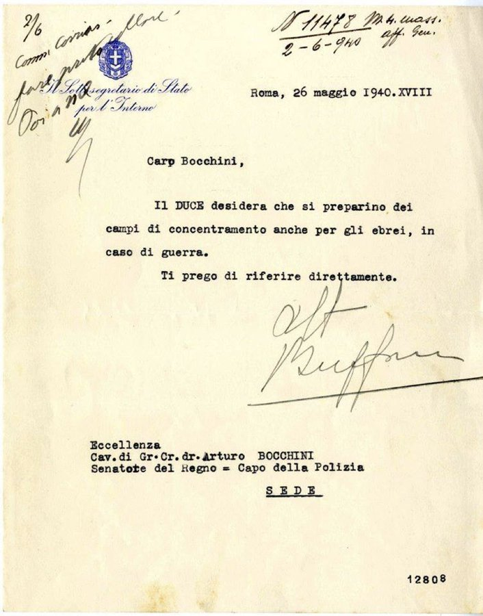 «The #Duce wants that, in case of war, concentration camps are set up for the Jews as well.»
Note from Deputy secretary for the Interior, Guido Buffarini-Guidi, to Arturo Bocchini, Chief of the Italian police (1926-1940), May 26, 1940.
#26maggio #Otd #OnThisDay #FascistCrimes