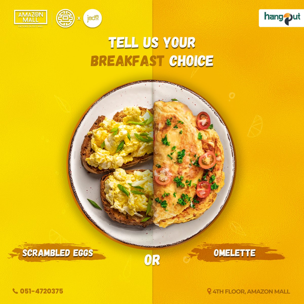 Tell us your breakfast choice? scrambled eggs or omelette.

Location📍4th Floor - Amazon Outlet Mall, GT Road, Near DHA 2
☎️For reservations and orders call us at 051(4720375)

#amazon #amazonmall #amazonmallgtroad #jade #chinatown #jadesunsetcafe #trending #finedine #breakfast