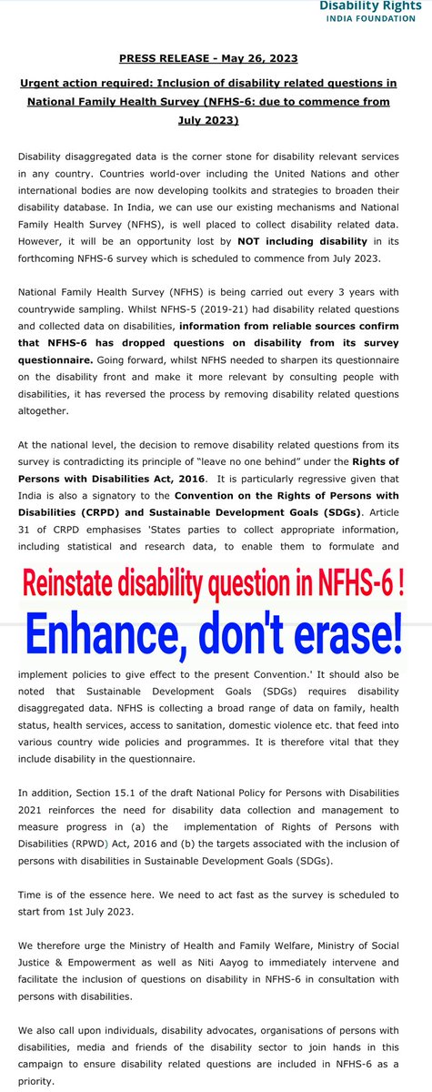 Vaishnavi Jayakumar (@vjayakumar) on Twitter photo Reinstate the disability question in NFHS-6 <a href="/IIPSMumbai/">International Institute for Population Sciences</a> ! Instead of enhancing efforts to include, why erase our existence?
#NFHS-5 didn't cover newly included disabilities under 2016 Disability Act, restricting itself to locomotor, mental, speech, hearing, visual disabilities. Reinstate the disability question in NFHS-6 <a href="/IIPSMumbai/">International Institute for Population Sciences</a> ! Instead of enhancing efforts to include, why erase our existence?
#NFHS-5 didn't cover newly included disabilities under 2016 Disability Act, restricting itself to locomotor, mental, speech, hearing, visual disabilities.