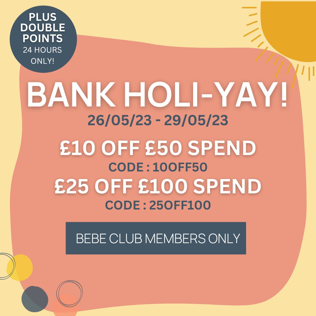 🎉BANK HOLI-YAY🎉

T&Cs can be found here ➡️ ow.ly/vtab50OxmYu

#yesbebe #weloveyesbebe #onestopshop #smallbusiness #supportlocal #shoplocal #onlineshopping #fashion #quality #shopping #kidstoys #bankholiday #bankholiyay #ecohome #scandikids #organickids #may #offers